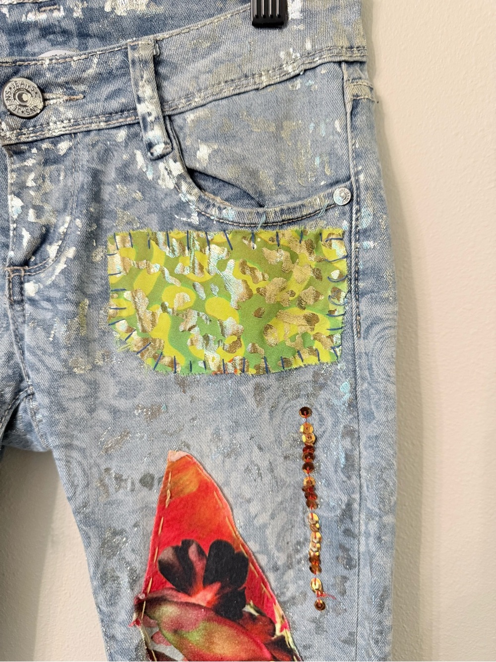 Angela Mele Milano Patchwork Embellished Cropped Jeans XS Italy Lace Sequin - Picture 5 of 10